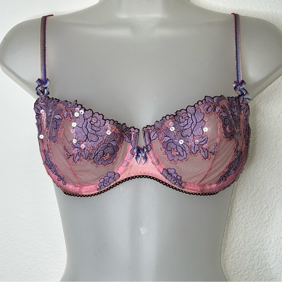 Y2K Victoria’s Secret Angels Sequin Floral Mesh Fairy Bra Pink Purple 34C - Picture 14 of 16